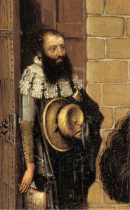 Figure 3. Robert Campin, Merode Altarpiece, detail of left panel with possible portrait of Campin, via Wikimedia Commons